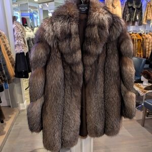Luxurious Brown Crystal Fox Fur Coat Finger Tip Length